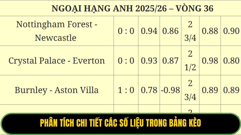 Phân tích chi tiết các số liệu trong bảng kèo